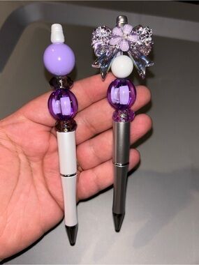 Hand Crafted Purple and White Decorative Beaded Pens